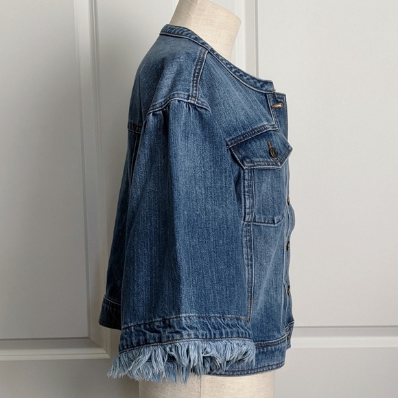 1. State Denim Jacket 3/4 Length Flared Frayed Sleeve Button Front Blue M NWT - Picture 7 of 16